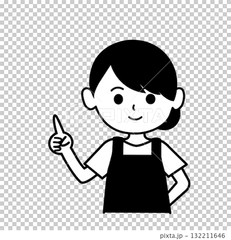 指差ししているエプロンをした女性のイラスト　モノクロ,単色,人物,上半身,シンプル,店員,ショップ, 132211646