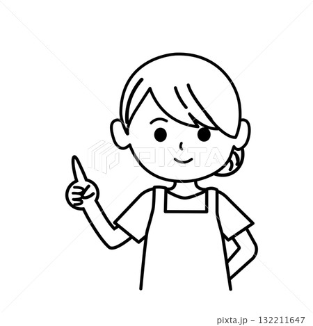 指差ししているエプロンをした女性のイラスト　モノクロ,単色,人物,上半身,シンプル,店員,ショップ, 132211647