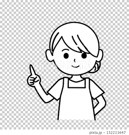 指差ししているエプロンをした女性のイラスト　モノクロ,単色,人物,上半身,シンプル,店員,ショップ, 132211647