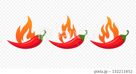 Spicy Chili Pepper with Fire, Vector Illustration. Hot Red Pepper Icon Set for Mexican Food, Restaurant, Spice Label Design. Burning Pepper Illustration, Heat Level, Fiery Cooking Clipart 132211652