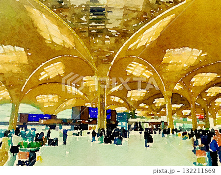 カンボジア・テチョ国際空港の内部風景|2025年開港の新空港を描いた水彩画風イラスト カンボジア・テチョ国際空港の内部風景|2025年開港の新空港を描いた水彩画風イラスト 132211669