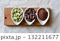 Natural Cocoa Ingredients with Fresh Beans Roasted Seeds and Powder on Wooden Board 132211677