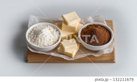 Baking Ingredients with Butter Cocoa and Flour Arranged on Wooden Board 132211679