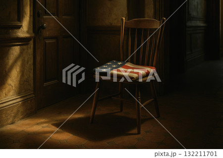 folded US flag on a wooden chair, generative AI folded US flag on a wooden chair, generative AI 132211701