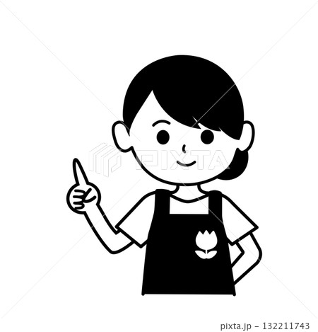 指差ししている保育士のイラスト　モノクロ,単色,人物,上半身,エプロン,シンプル,店員,ショップ,ス 132211743