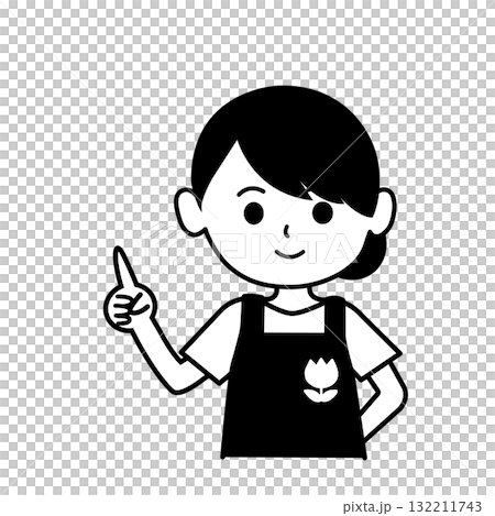 指差ししている保育士のイラスト　モノクロ,単色,人物,上半身,エプロン,シンプル,店員,ショップ,ス 132211743