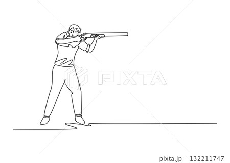 Single one line drawing side view man shooting athlete is aiming a shotgun with intense concentration in stable, forward-facing stance. Modern continuous line draw design graphic vector illustration 132211747