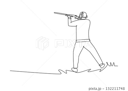 Single one line drawing man shooting athlete is aiming shotgun, rear-facing stance, wearing ear protection, concentration and precision. Modern continuous line draw design graphic vector illustration 132211748