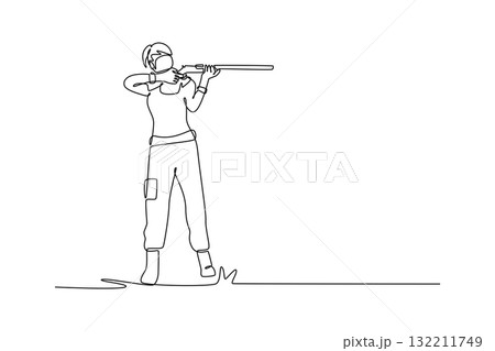 Continuous one line drawing beauty woman shooting athlete, is aiming a rifle with intense focus and steady standing stance, wearing eye protection. Single line draw design vector graphic illustration Continuous one line drawing beauty woman shooting athlete, is aiming a rifle with intense focus and steady standing stance, wearing eye protection. Single line draw design vector graphic illustration 132211749