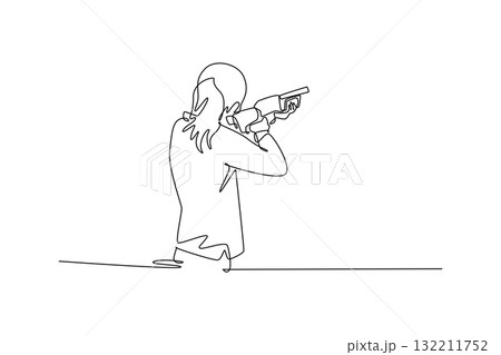 Continuous one line drawing young beauty woman, a shooting athlete with long hair, is aiming a shotgun with intense focus from a rear-facing stance. Single line draw design vector graphic illustration 132211752