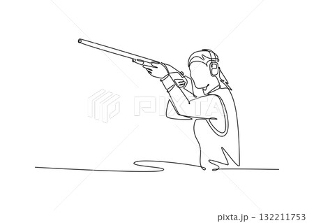 Continuous one line drawing attractive woman, a shooting athlete, is aiming a shotgun with intense focus and a ready stance, wearing ear protection. Single line draw design vector graphic illustration 132211753