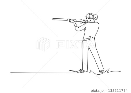 Continuous one line drawing side view of attractive woman, a shooting athlete, is aiming a shotgun with intense focus and a steady standing stance. Single line draw design vector graphic illustration 132211754