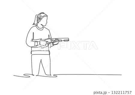 Single continuous line drawing woman shooting athlete is holding shotgun in stable stance, wearing ear protection and concentrating on target. Dynamic one line draw graphic design vector illustration 132211757
