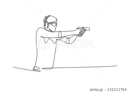 Single continuous line drawing man shooting athlete is aiming pistol, forward-leaning stance, wearing eye and ear protection, concentration, precision. One line draw graphic design vector illustration Single continuous line drawing man shooting athlete is aiming pistol, forward-leaning stance, wearing eye and ear protection, concentration, precision. One line draw graphic design vector illustration 132211764