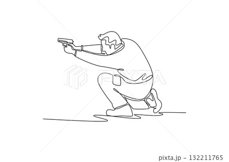 Single continuous line drawing man shooting athlete, is aiming a pistol from a stable, low crouching stance, illustrating concentration and precision. One line draw graphic design vector illustration Single continuous line drawing man shooting athlete, is aiming a pistol from a stable, low crouching stance, illustrating concentration and precision. One line draw graphic design vector illustration 132211765