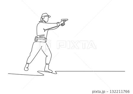 Single continuous line drawing girl shooting athlete aiming pistol in stable, forward-leaning stance with both arms extended, concentration, precision. One line draw graphic design vector illustration 132211766