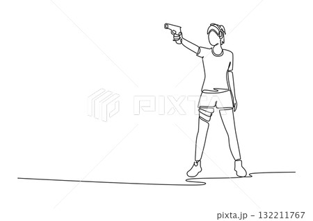 Single continuous line drawing beauty woman shooting athlete is aiming pistol in stable, standing stance with arms extended, concentration, precision. One line draw graphic design vector illustration Single continuous line drawing beauty woman shooting athlete is aiming pistol in stable, standing stance with arms extended, concentration, precision. One line draw graphic design vector illustration 132211767