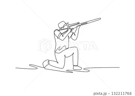 Single one line drawing young active man, a shooting athlete, is aiming a rifle from a kneeling stance with intense focus and precision. Modern continuous line draw design graphic vector illustration 132211768