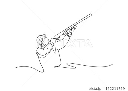 Single one line drawing attractive man, a shooting athlete, is aiming a shotgun upward to target an airborne object with intense focus. Modern continuous line draw design graphic vector illustration Single one line drawing attractive man, a shooting athlete, is aiming a shotgun upward to target an airborne object with intense focus. Modern continuous line draw design graphic vector illustration 132211769