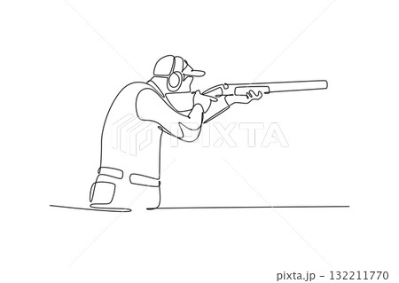 Single one line drawing young man shooting athlete aiming shotgun, forward-leaning stance, wearing ear protection, concentration and precision. Continuous line draw design graphic vector illustration 132211770