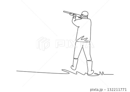 Single one line drawing man shooting athlete is aiming shotgun from steady, rear-facing stance, illustrating concentration and precision. Modern continuous line draw design graphic vector illustration 132211771