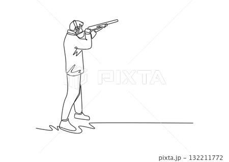 Single one line drawing back view of male shooting athlete aiming shotgun with intense focus and steady stance, wearing ear protection. Modern continuous line draw design graphic vector illustration Single one line drawing back view of male shooting athlete aiming shotgun with intense focus and steady stance, wearing ear protection. Modern continuous line draw design graphic vector illustration 132211772