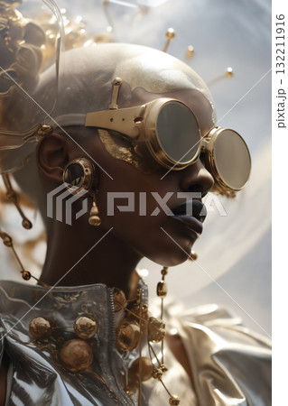 elaborate female dress with shiny gold head pieces, glasses and wires, in the style of afrofuturism, mechanical realism, angelcore, captivating gaze, historical genre scenes 132211916