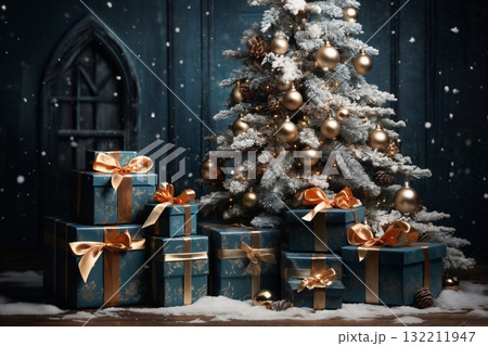 interior of house decorated for Christmas or New Year's holiday, gifts, fir tree, winter season 132211947