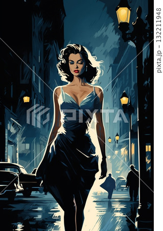 Portrait of a beautiful fashionable woman with a hairstyle, in a city street, at night. Illustration poster in the style of 1960 132211948