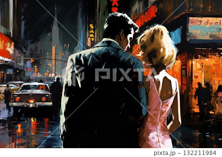 Romantic couple, man and woman, walking and embracing in a city street, at night, rainy weather, fog. Illustration, poster in the style of 1960 132211984