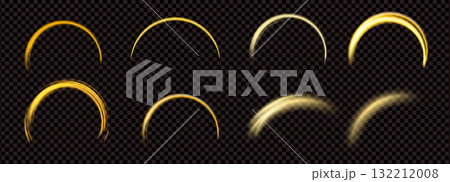 Glowing arc frames set. Golden semicircles collection. Light magic beams. Gold glimmer line borders. Abstract yellow eclipse and comets. Vector arch illustration on dark transparent background 132212008