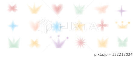 Y2k colorful dust icons set. Crown, flowers and butterfly grain noise shapes. Pastel tones dots sand texture hearts, stars and blinks. Vector blue, red, violet halftone gritty gradient illustration 132212024