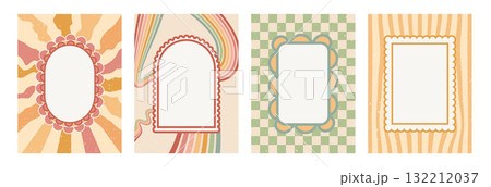 Arc, square and scallop ellipse retro frames set on vintage bg. Wavy groovy arch, rectangle and oval borders on starburst and rainbow lines background. Vector blank text box illustration Arc, square and scallop ellipse retro frames set on vintage bg. Wavy groovy arch, rectangle and oval borders on starburst and rainbow lines background. Vector blank text box illustration 132212037
