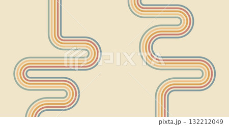 Geometric boho rainbow lines background. Wavy groovy stripes vintage colors cover. Playful squiggle wave arch wall design. Vector retro beige groove wiggle classic pipe ornament Geometric boho rainbow lines background. Wavy groovy stripes vintage colors cover. Playful squiggle wave arch wall design. Vector retro beige groove wiggle classic pipe ornament 132212049