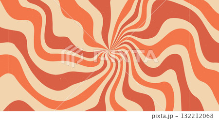 Twisted red starburst background. Retro spiral sun rays abstract illustration. Vector wavy dynamic lines decoration. Radial carnival stripes vintage backdrop. Sunburst textured 70s pop art design 132212068