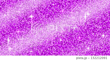 Neon disco ball mosaic background with purple mirror glitter texture. Shiny violet tones sequin pattern. Glam Christmas sparkle.Festive fashion folded fabric decoration. Vector glossy illustration 132212091