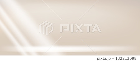 Beige soft gradient background with windows sunlight. Neutral wall in the room. Minimal scene with table in pastel colors. Template with empty desk for makeup presentation. Vector banner illustration Beige soft gradient background with windows sunlight. Neutral wall in the room. Minimal scene with table in pastel colors. Template with empty desk for makeup presentation. Vector banner illustration 132212099