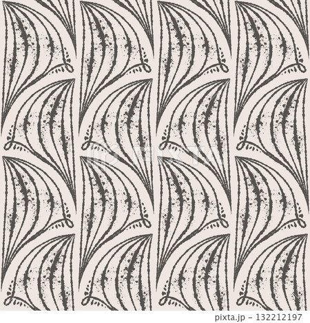 Geometric seamless pattern with ink line texture forming elegant fan shape. Hand drawn vector line art with taupe and beige contrast. Ideal for wallpaper textile design and sketch style templates. Geometric seamless pattern with ink line texture forming elegant fan shape. Hand drawn vector line art with taupe and beige contrast. Ideal for wallpaper textile design and sketch style templates. 132212197
