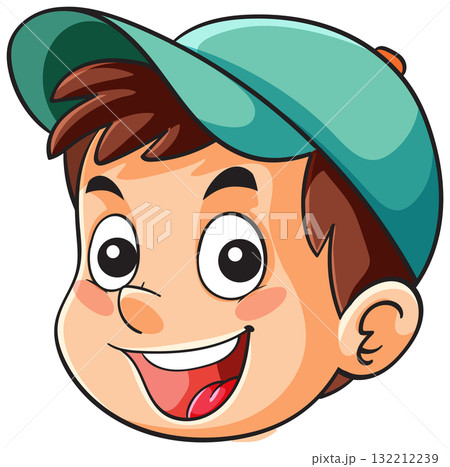 Smiling Cartoon Boy Wearing Green Baseball Cap 132212239