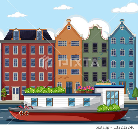 Colorful Dutch Canal Houses and Houseboat in Amsterdam 132212240