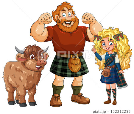 Scottish Family and Highland Cow Cartoon Illustration Scottish Family and Highland Cow Cartoon Illustration 132212253