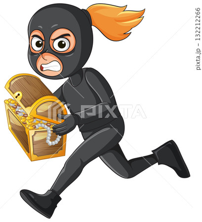 Masked Thief Running With Treasure Chest Illustration 132212266
