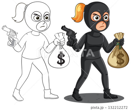 Female Robber in Black Suit Holding Gun and Money Bag Female Robber in Black Suit Holding Gun and Money Bag 132212272