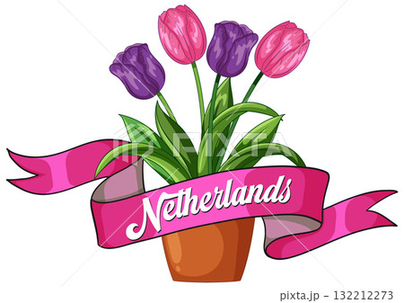 Potted Tulips with Netherlands Banner Vector Illustration Potted Tulips with Netherlands Banner Vector Illustration 132212273