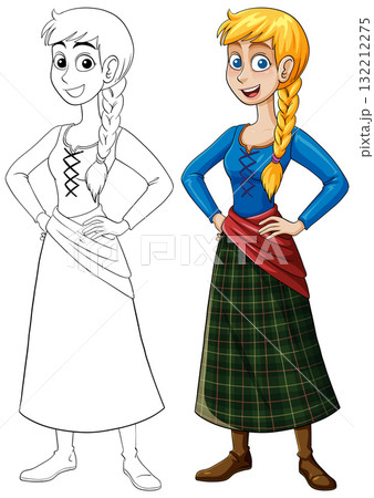 Smiling Cartoon Woman in Traditional Plaid Skirt Smiling Cartoon Woman in Traditional Plaid Skirt 132212275