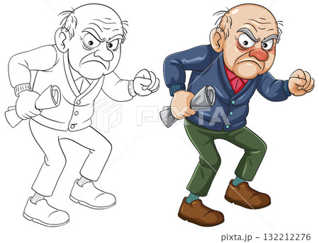 Angry Elderly Man Holding Newspaper in Cartoon Style 132212276
