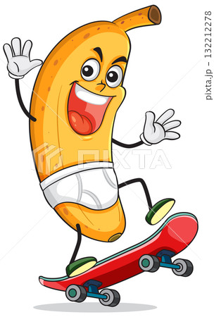 Cartoon Banana Character Skateboarding in Underwear 132212278