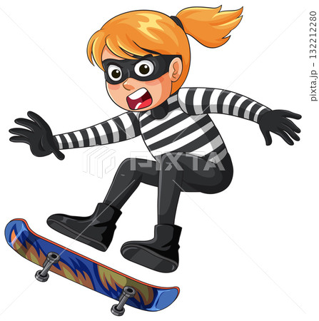 Female Cartoon Robber Performing Skateboard Trick in Midair 132212280