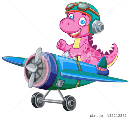 Cartoon Pink Dinosaur Flying Vintage Propeller Airplane Cartoon Pink Dinosaur Flying Vintage Propeller Airplane 132212281