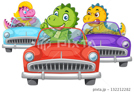 Cartoon Dinosaurs Driving Colorful Convertible Cars in a Race 132212282